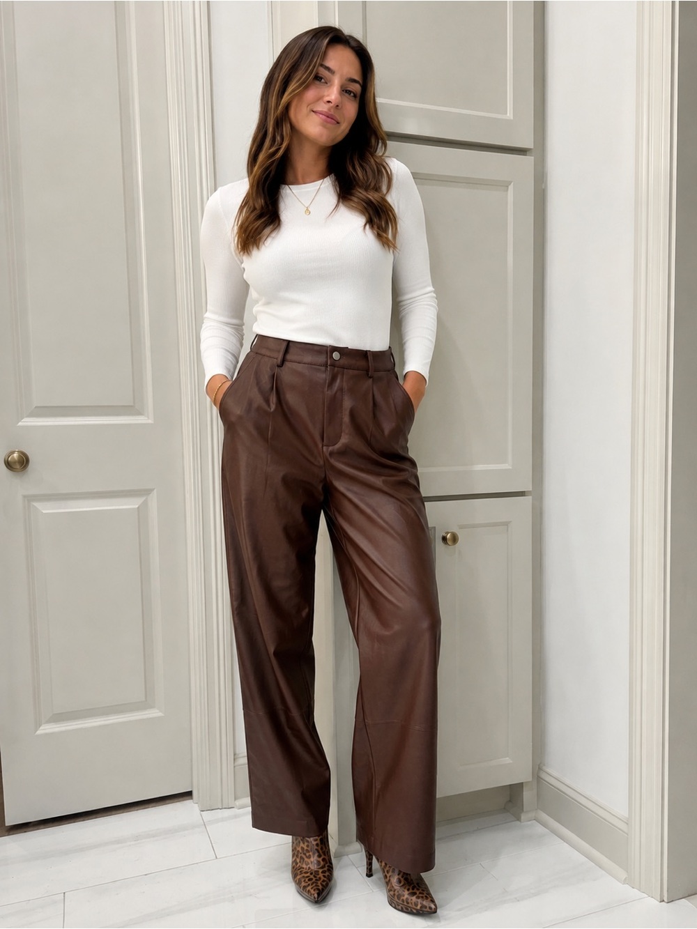 NWT Anthropologie Avec Les Filles Wide Leg Faux Leather Pants in Brown Medium